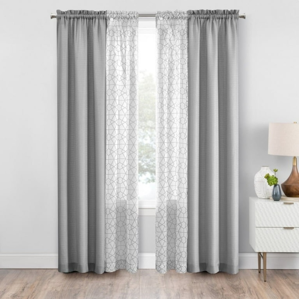 Mainstays 4 Panel Silver/White Geometric Rod Pocket Curtain Set (27.5”W x 63”L)